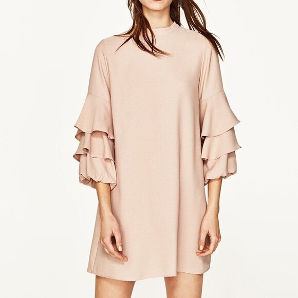 Zara Dresses & Skirts - Zara Tan color ruffle sleeve mini dress Size M